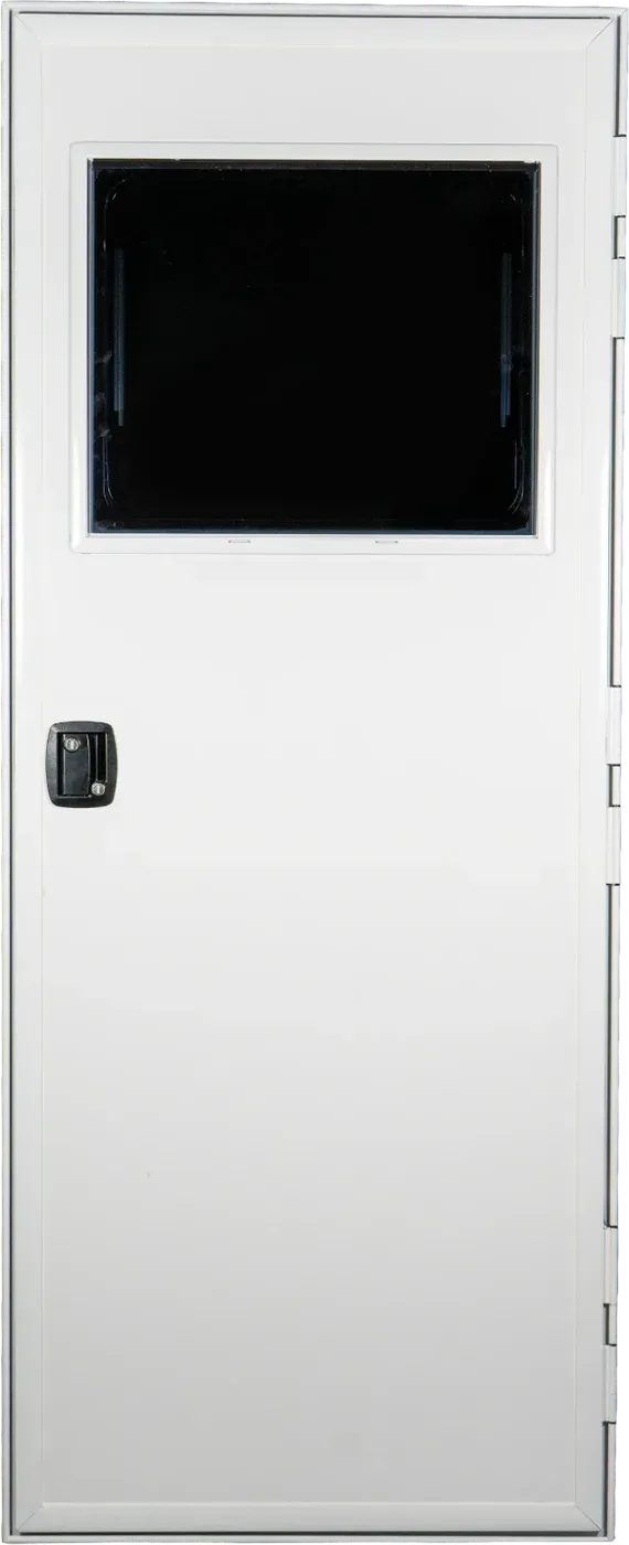 A white Foundation Vehicles insulated entry door with a tinted window in the upper panel and a locking latch, closed