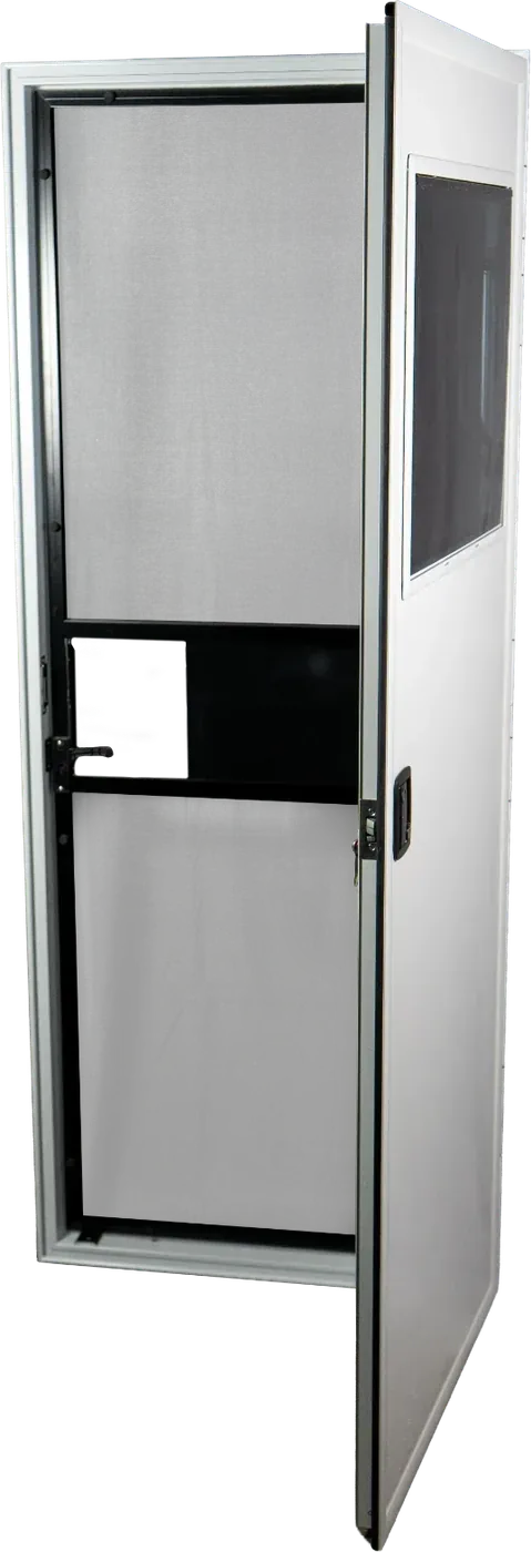 A Foundation Vehicles entry door swung open, showing the built-in screen door and the window