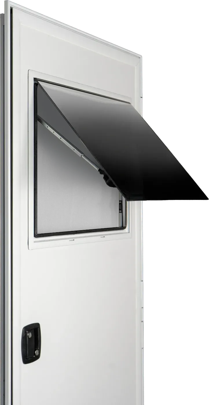 Close-up of a Foundation Vehicles entry door with its upper window propped open on a stay arm
