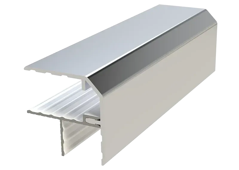 Close-up render of the hybrid aluminum-and-PVC corner extrusion used at every edge of a Foundation body