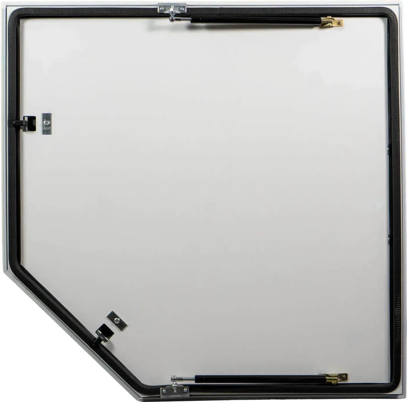 The inside of a Foundation Vehicles insulated hatch, showing the gas struts, latches, and sealing gasket