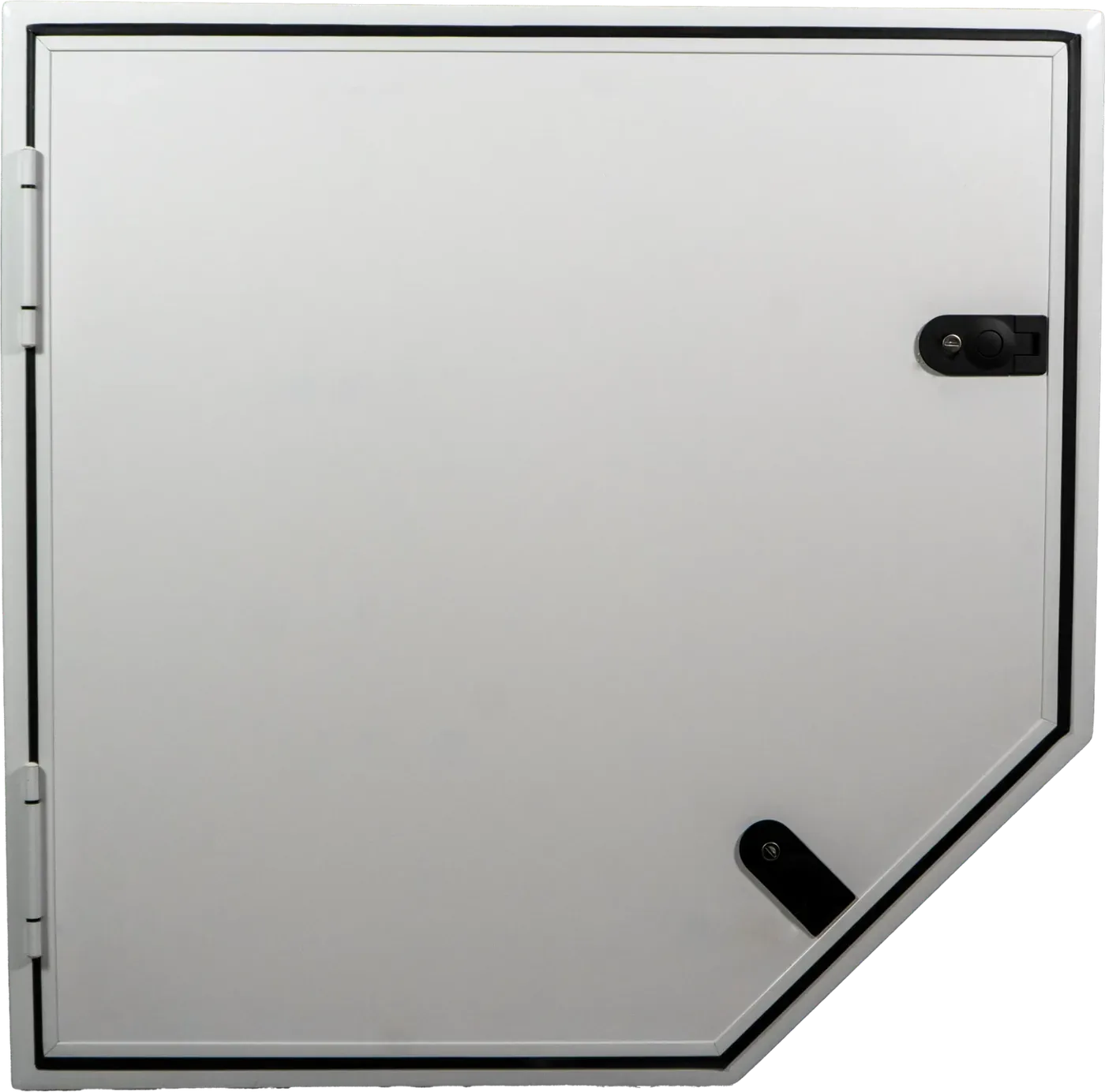 A white Foundation Vehicles insulated access hatch with an angled corner and two locking latches, closed, seen from outside