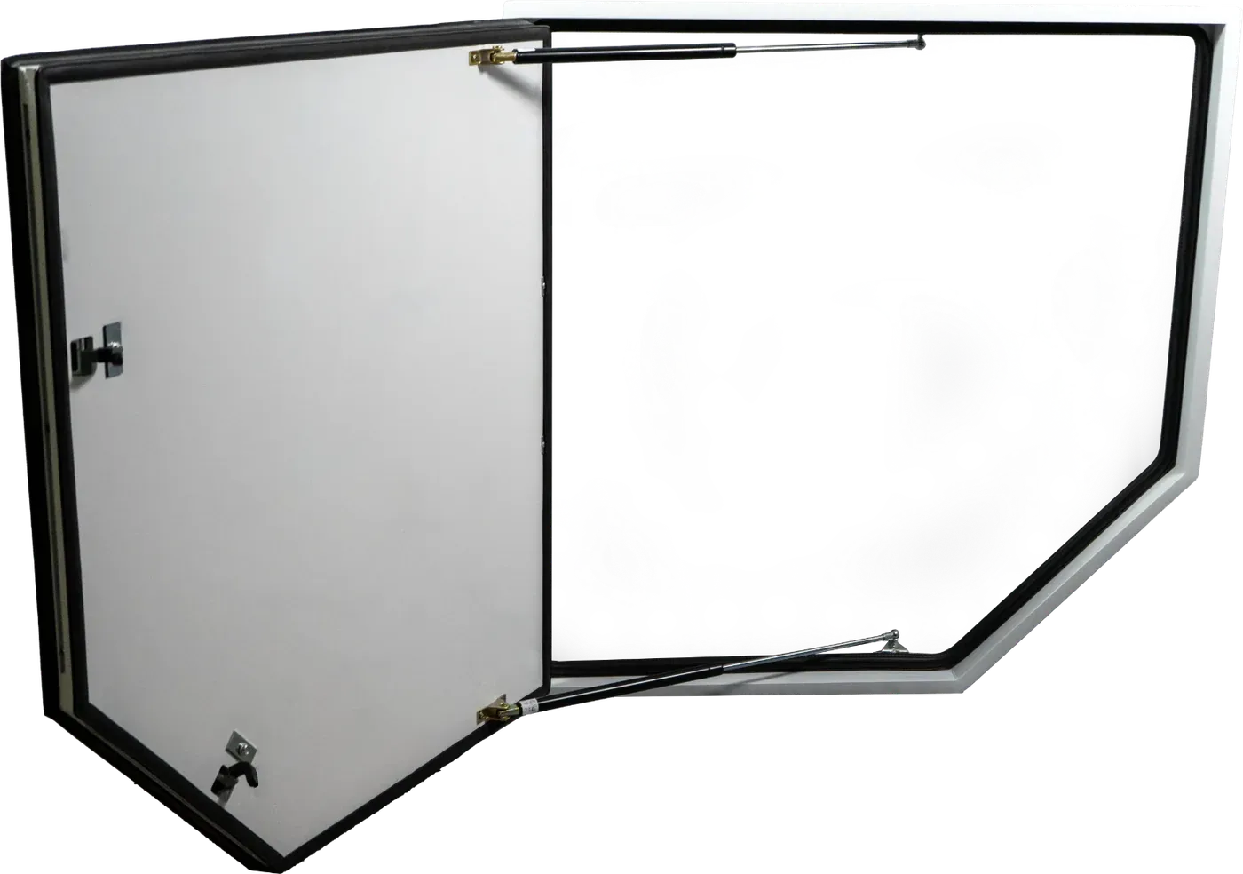 A Foundation Vehicles insulated hatch propped open on its gas struts