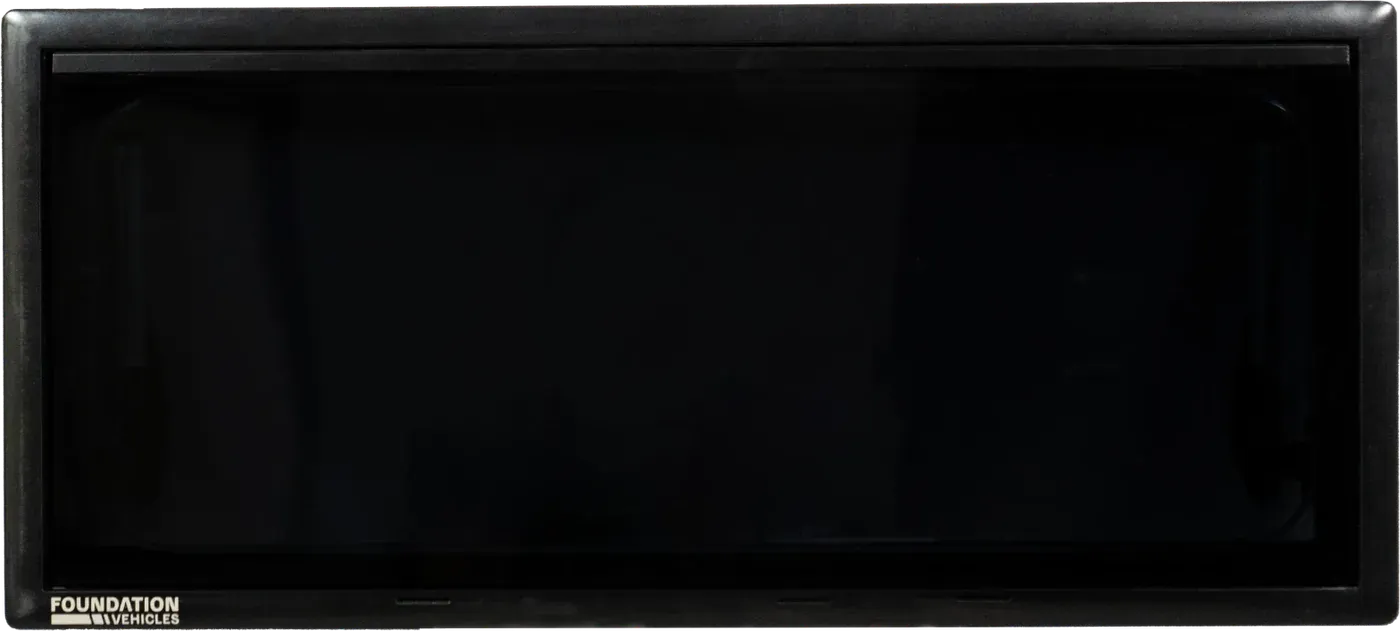 A Foundation Vehicles dual-pane acrylic window with a black frame, closed, seen from outside