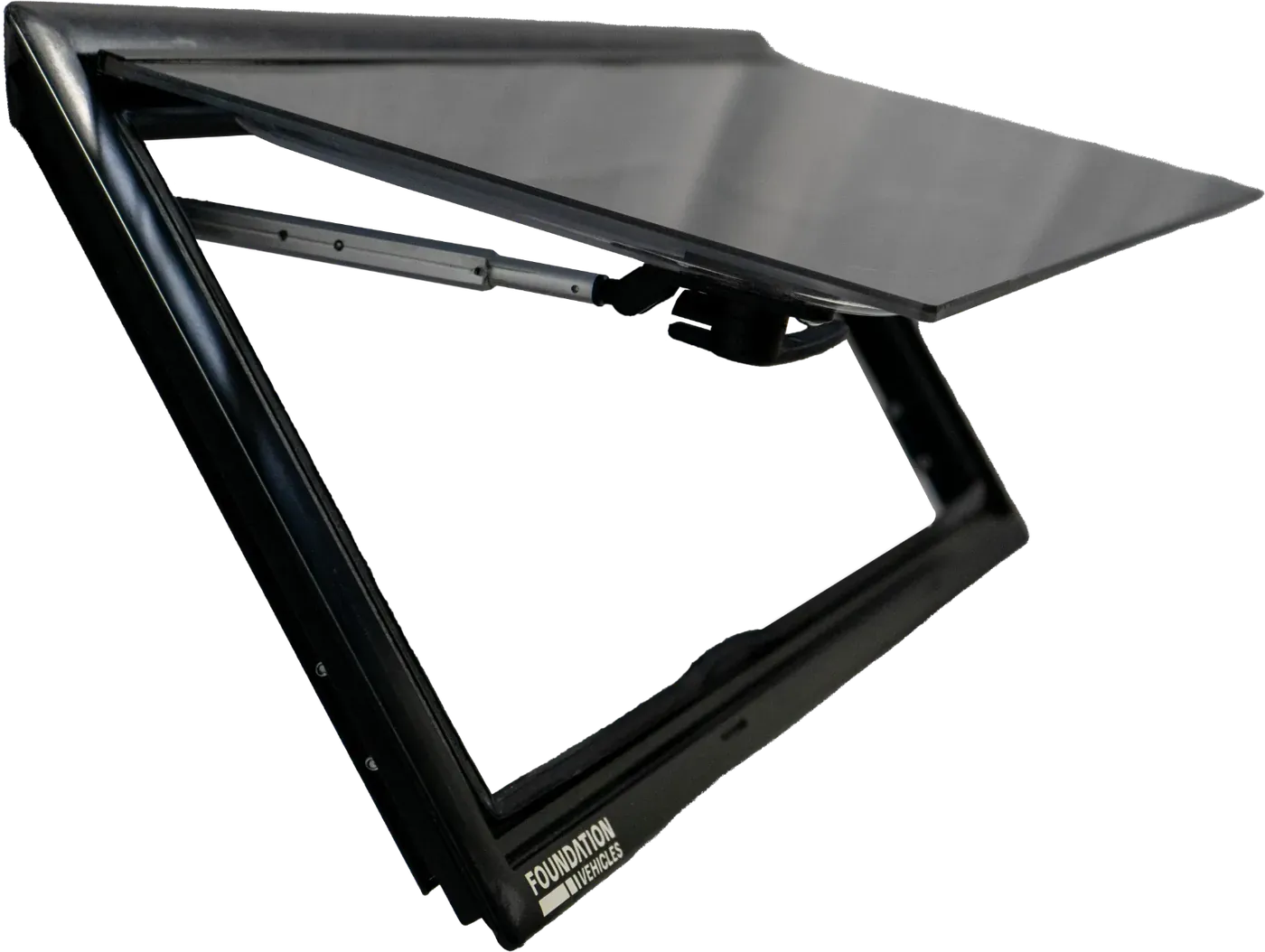 A Foundation Vehicles dual-pane acrylic window with a black frame, propped open on its stay arms